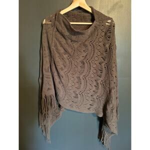 Brown Fringe Knit Poncho Shawl – Boho Open-Weave Cape Wrap